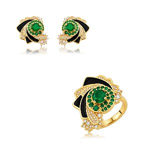 Conjunto de brinco e anel esmaltado cravejado de zircônia e pedra fusion esmeralda banho em ouro 18k