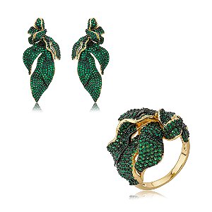 Conjunto de brinco e anel cravejado de zircônia esmeralda banho em ouro 18k