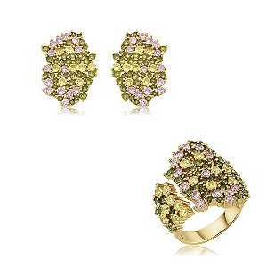 Conjunto de brinco e anel cravejado de zircônia rosa e oliva banho em ouro 18k