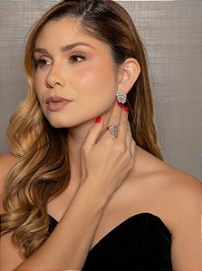 Conjunto de brinco e anel cravejado de zircônia rosa e oliva banho em ouro 18k