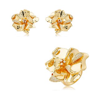 Conjunto de brinco e anel de flor cravejado de zircônia cristal banho em ouro 18k