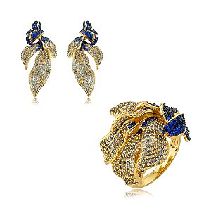 Conjunto de brinco e anel cravejado de zircônia cristal e topázio banho em ouro 18k