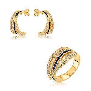 Conjunto de brinco e anel cravejado de zircônia cristal e safira banho em ouro 18k