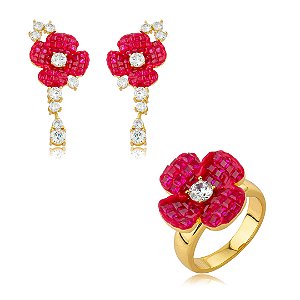 Conjunto de brinco e anel flor cravejado de zircônia cristal e pink banho em ouro 18k