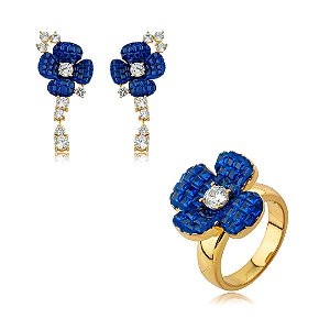Conjunto de brinco e anel flor cravejado de zircônia cristal e safira banho em ouro 18k