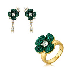 Conjunto de brinco e anel flor cravejado de zircônia cristal e esmeralda banho em ouro 18k