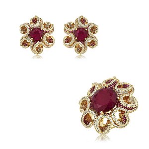 Conjunto de brinco e anel flor cravejado de zircônia cristal e pedra fusion rubi banho em ouro 18k