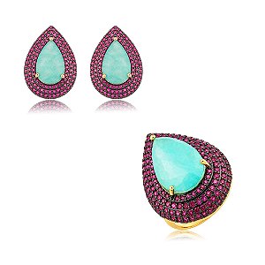 Conjunto de brinco e anel gota cravejado de zircônia pink pedra fusion turmalina banho em ouro 18k
