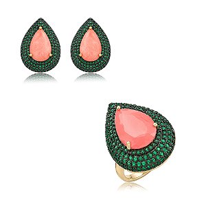 Conjunto de brinco e anel gota cravejado de zircônia esmeralda pedra fusion coral banho em ouro 18k