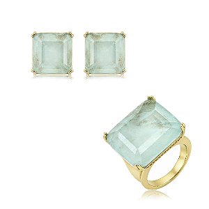 Conjunto de brinco e anel com pedra fusion acqua banho em ouro 18k