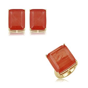 Conjunto de brinco e anel com pedra fusion coral banho em ouro 18k