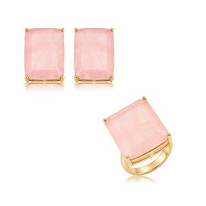 Conjunto de brinco e anel com pedra fusion rodonita banho em ouro 18k