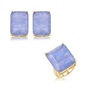 Conjunto de brinco e anel com pedra fusion ametista banho em ouro 18k