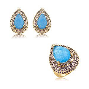 Conjunto de brinco e anel gota cravejado de zircônia ametista e pedra fusion topázio banho em ouro 18k