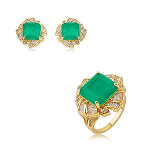 Conjunto de brinco e anel cravejado de zircônia cristal e pedra fusion esmeralda banho em ouro 18k