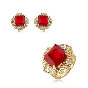 Conjunto de brinco e anel cravejado de zircônia cristal e pedra fusion rubi banho em ouro 18k