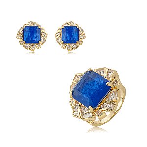 Conjunto de brinco e anel cravejado de zircônia cristal e pedra fusion safira banho em ouro 18k