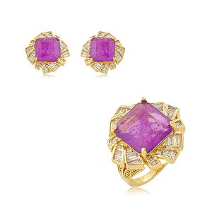 Conjunto de brinco e anel cravejado de zircônia cristal e pedra fusion fúcsia banho em ouro 18k