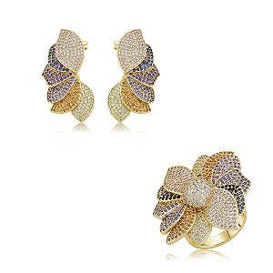 Conjunto de brinco e anel cravejado de zircônia colorida banho em ouro 18k