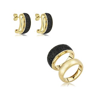 Conjunto de brinco e anel cravejado de zircônia ônix banho em ouro 18k
