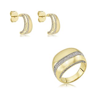 Conjunto de brinco e anel com detalhe em zircônia cristal banho em ouro 18k