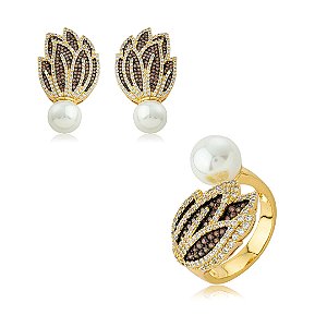 Conjunto de brinco e anel cravejado de zircônia citrino com pérola shell banho em ouro 18k