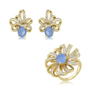Conjunto de brinco e anel cravejado de zircônia cristal e pedra fusion topázio banho em ouro 18k