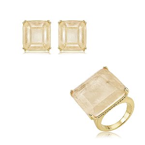 Conjunto de brinco e anel quadrado cravejado de zircônia cristal e pedra fusion morganita banho em ouro 18k