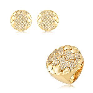 Conjunto de brinco e anel com detalhe em zircônia cristal banho em ouro 18k