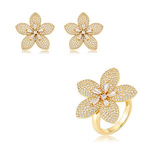 Conjunto flor de brinco e anel cravejado em zircônia cristal banho em ouro 18k