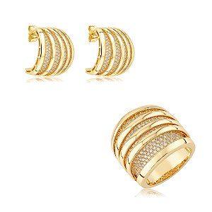 Conjunto de brinco e anel liso com detalhes em zircônia cristal banho em ouro 18k