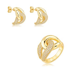 Conjunto de brinco e anel liso com detalhes em zircônia cristal banho em ouro 18k