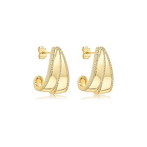Brinco de argola liso com detalhes em zircônia cristal banho em ouro 18k