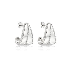 Brinco de argola liso com detalhes em zircônia cristal banho em ródio branco
