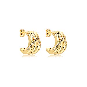 Brinco de argola liso com detalhes em zircônia cristal banho em ouro 18k