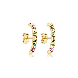 Brinco ear hook cravejado de zircônia colorida banho em ouro 18k