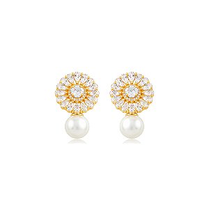 Brinco cravejado de zircônia cristal com pérola shell banho em ouro 18k