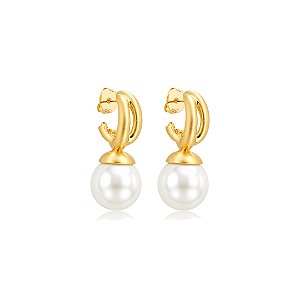 Brinco liso acetinado com pérola shell Banho em ouro 18k