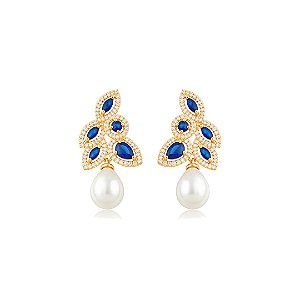 Brinco cravejado de zircônia safira com pérola shell banho em ouro 18k