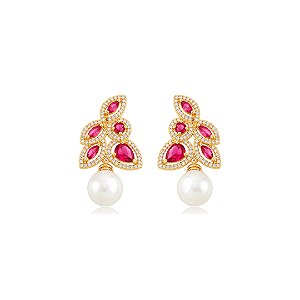 Brinco cravejado de zircônia pink com pérola shell banho em ouro 18k