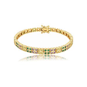 Pulseira cravejada de zircônia colorida banho em ouro 18K