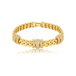 Pulseira de corrente com detalhe cravejado de zircônia cristal banho em ouro 18K