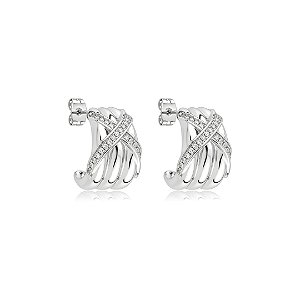 Brinco de argola liso com detalhes em zircônia cristal banho ródio branco
