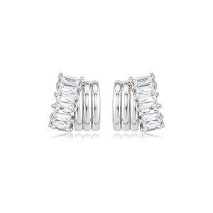 Brinco de argola com detalhes em zircônia navete cristal banho em ródio branco