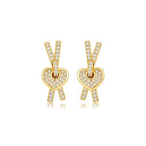 Brinco de coração cravejado de zircônia cristal banho em ouro 18k
