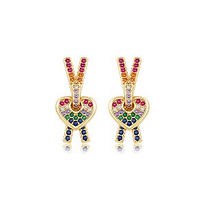 Brinco cravejado de zircônia colorida banho em ouro 18k