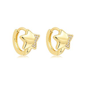 Brinco de argola liso com detalhe cravejado de zircônia cristal banho em ouro 18k
