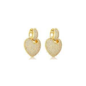 Brinco de coração cravejado de zircônia cristal banho em ouro 18k
