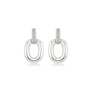 Brinco liso com detalhe cravejado de zircônia cristal banho em ródio branco