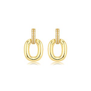 Brinco liso com detalhe cravejado de zircônia cristal banho em ouro 18k